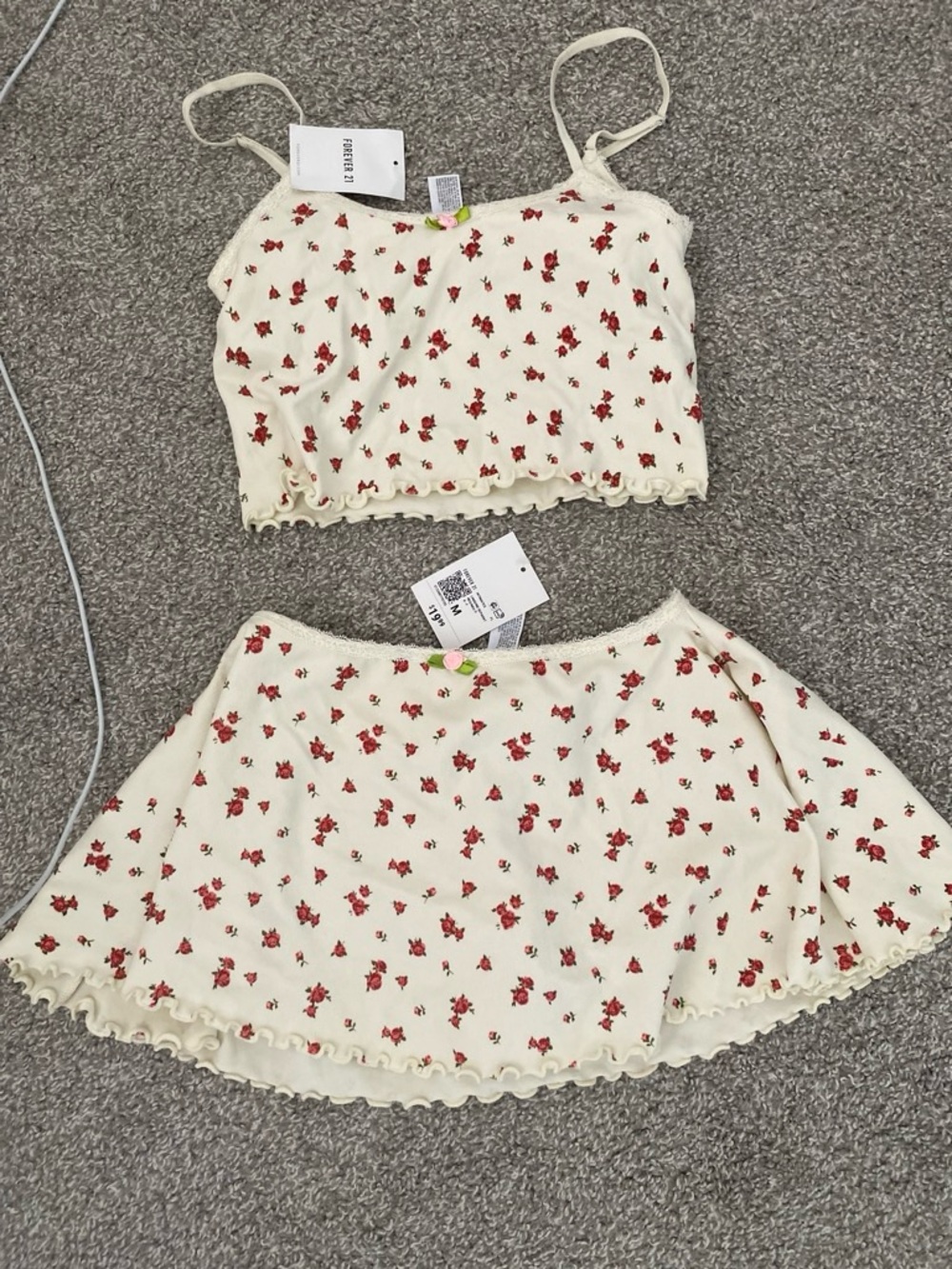 Forever 21 Cream Floral Lingerie Set with Red Roses